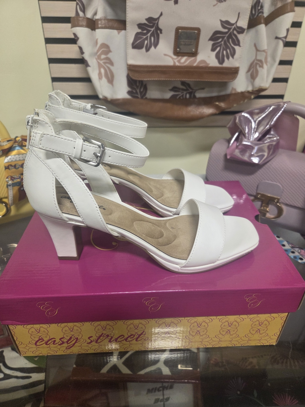 Womens All White Open Toe Ankle Strap Buckle Short Block Heels